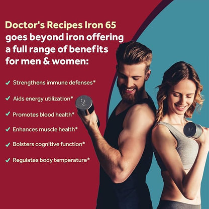 Doctor's Recipes Iron Supplement 65 mg with Vitamin C - Maximized Absorption & Stomach Friendly Iron Pills for Red Blood Cells Formation, Heart, Brain & Immunity Health - Vegan 120 Tabs (Pack of 2)