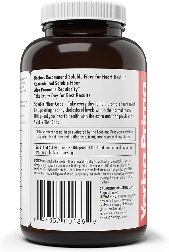 Yerba Prima Soluble Fiber Formula Capsules, 180 Count - Premium Dietary Fiber Supplement, Natural, Concentrated Soluble Fiber, Gluten Free, Non-GMO, Made in USA