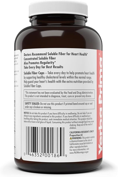 Yerba Prima Soluble Fiber Formula Capsules, 180 Count - Premium Dietary Fiber Supplement, Natural, Concentrated Soluble Fiber, Gluten Free, Non-GMO, Made in USA