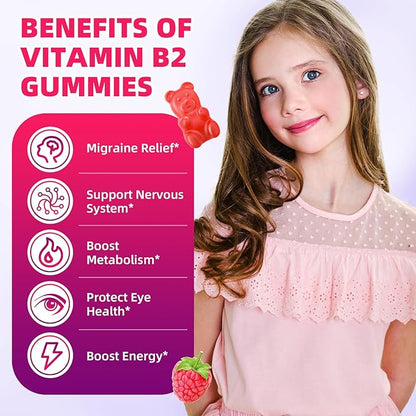 Vitamin B2 Gummies for Kids & Adults, VIT B2 Riboflavin 400mg Supplement with Magnesium for Migraine Relief & Nervous System Support, Non-GMO, Vegan, Raspberry Flavor 120 Count