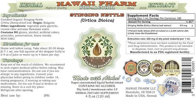 Stinging Nettle Alcohol-Free Liquid Extract, Organic Stinging Nettle (Urtica Dioica) Dried Leaf Glycerite 2 oz