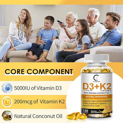 Vitamin D3 K2 Supplement with Vitamin D3 5000 IU, 200 mcg Vitamin K2 MK-7 & Natural Coconut Oil, Plant Based 2-1 Formula for Bone, Teeth, Muscle and Immune Health Support,120 Softgel Capsules