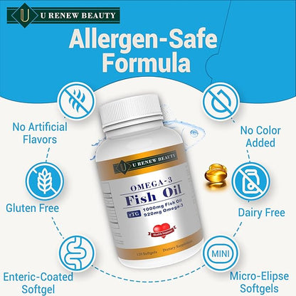 92% Omega-3 Fish Oil mini Softgels for Women and Men 1000mg per Serving with 920mg EPA & DHA Supplements,Supports Heart & Brain Health, 120 Count
