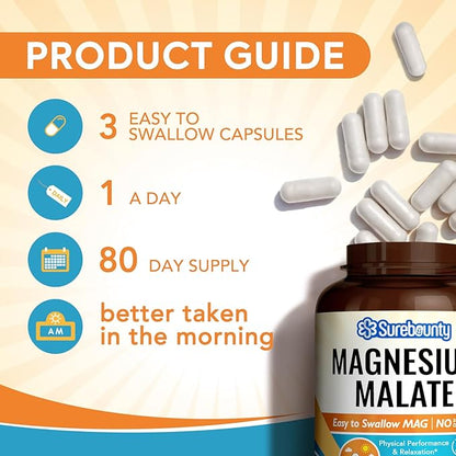Magnesium Malate Capsules 410mg, Magnesium Supplement, Chelated, High Absorption, Energy Production & Muscle Support for Children, Teenagers, and Adults, 240 Vegan Caps
