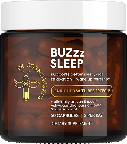 Dr Sosnowski's BUZzz Sleep Support with Bee Propolis Triple Action Sleep Formula for Calmer Nights and Refreshing Mornings, Vegetable Capsules, 60ct
