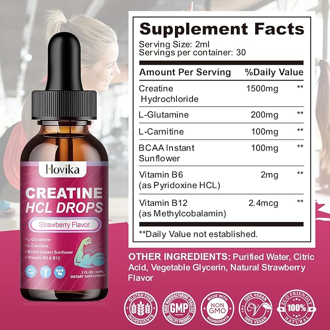 Creatine HCL Liquid Drops for Men & Women, Creatine Hydrochloride with L-Carnitine, L-Glutamine, BCAA, Vitamin B12 & B6 for Muscle Growth, Promote Energy & Recovery-Vegan, Strawberry Flavor, 2 Fl Oz