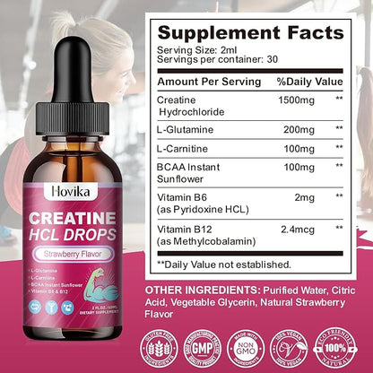 Creatine HCL Liquid Drops for Men & Women, Creatine Hydrochloride with L-Carnitine, L-Glutamine, BCAA, Vitamin B12 & B6 for Muscle Growth, Promote Energy & Recovery-Vegan, Strawberry Flavor, 2 Fl Oz