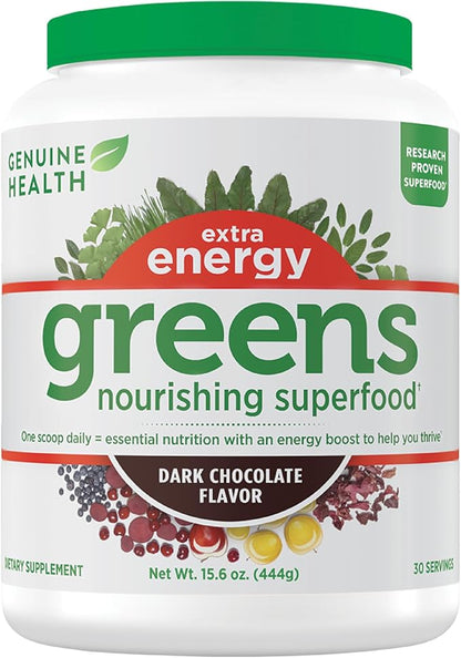 Genuine Health Greens + Extra Energy Superfood Powder, Provides an Immediate Energy Boost & Supports Gut Health, Dark Chocolate Flavor, 30 Servings