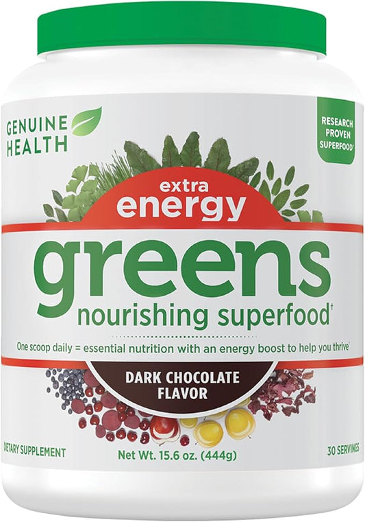 Genuine Health Greens + Extra Energy Superfood Powder, Provides an Immediate Energy Boost & Supports Gut Health, Dark Chocolate Flavor, 30 Servings