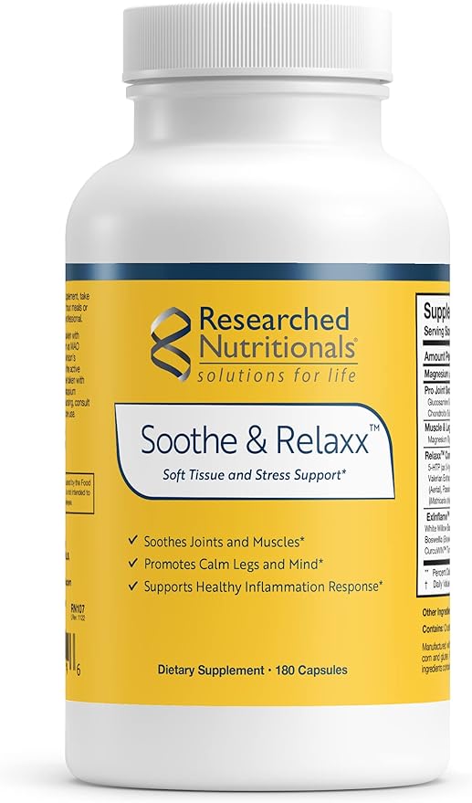 Researched Nutritionals Soothe & Relaxx - Soft Tissue, Muscle + Support Supplement - A Gentle Health Supplement for Calming Relief - Soothe Your Body + Mind (180 Capsules)
