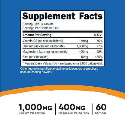 Nutricost Calcium, Magnesium & Zinc Tablets 1,415 mg, 180 Tablets - Vitamin / Mineral Blend Supplement, 60 Servings - Gluten Free, Non-GMO