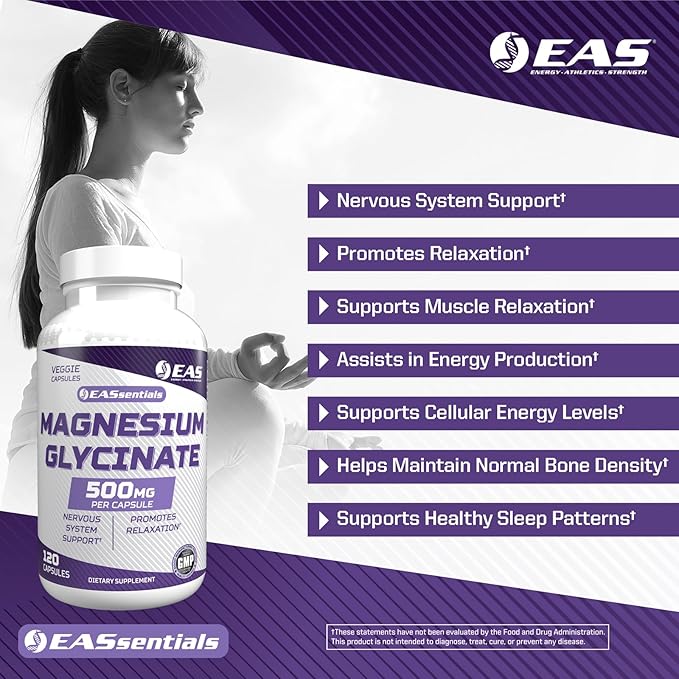Magnesium Glycinate 500mg | Nervous System & Muscle Function | Relaxation Support | Easy to Digest | Gluten Free, Non GMO, Vegetarian | 120 Veggie Capsules