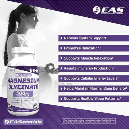 Magnesium Glycinate 500mg | Nervous System & Muscle Function | Relaxation Support | Easy to Digest | Gluten Free, Non GMO, Vegetarian | 120 Veggie Capsules