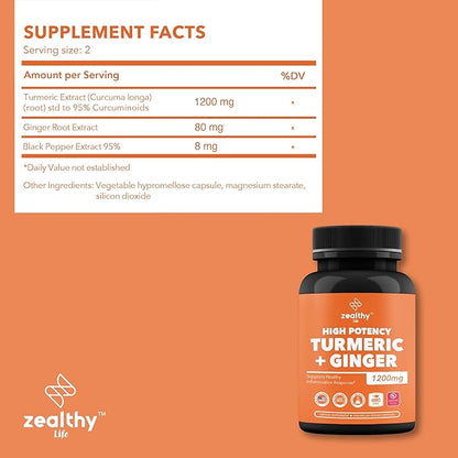 Turmeric + Ginger Capsules 1200mg | Joint Comfort, Inflammation Support & Digestive Health* | 180 Count | Zealthy Life High Potency Turmeric Ginger Supplement | 1200mg