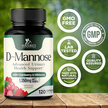 DMannose Pills with Cranberry 1350mg Advanced Formula - Effective Natural Bladder, Urinary Tract Health Support, Flush Impurities - D Mannose Supplements for Women & Men, Non-GMO, Vegan - 120 Capsules