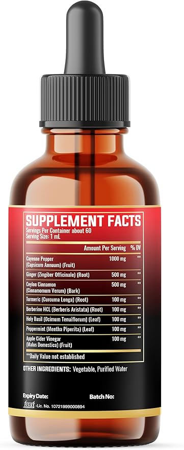 8in1 Cayenne Pepper Liquid Drops with Ginger, Ceylon Cinnamon and 5 More Herbals - Digestion, Circulatory Heath Support - 2 Fl Oz for 2 Months