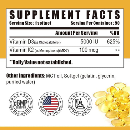 Vitamin D3 K2 Supplement with MCT Oil, Vitamin D3 5000 IU and K2 100 mcg Softgel, Bone and Heart Health Support Supplement, Gluten Free - 90 Count Softgels