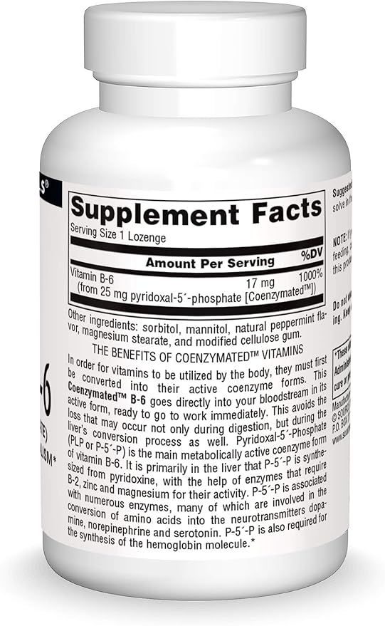 Source Naturals Coenzymated B-6, P-5 Pyridoxal-5 Phosphate Fast-Acting, Quick Dissolve Vitamin Supports Amino Acid Metabolism*, 25 mg - 120 Lozenges