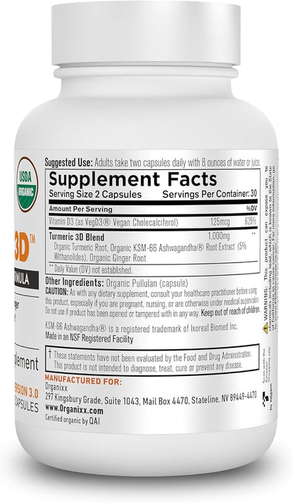 Organixx USDA Organic Turmeric Curcumin Supplement with Ashwagandha, Vitamin D, Turmeric & Ginger – Immune & Joint Support, Fermented for Maximum Bioavailability, 60 Vegetarian Capsules
