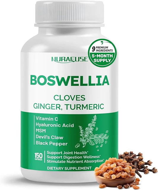 Boswellia with Cloves, Ginger, Turmeric, Vitamin C, Hyaluronic Acid, MSM, Devil's Claw – Supports Joint Health, Digestive Wellness* & Nutrient Absorption* – Made in The USA