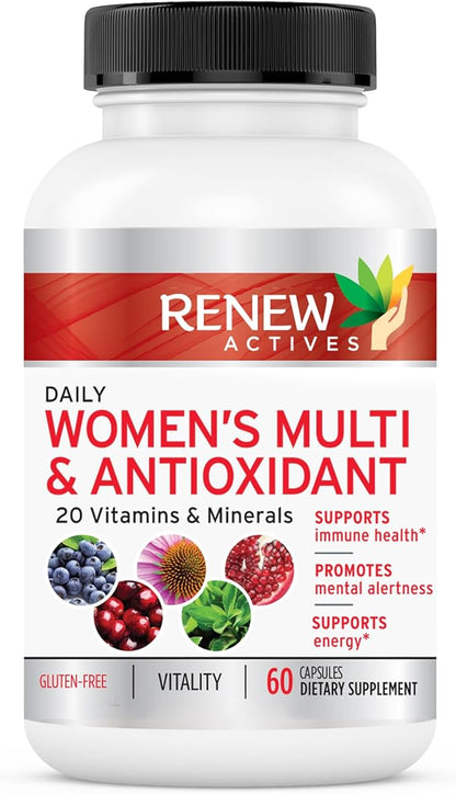 Renew Actives Women's Multi-Vitamin & Antioxidant: Daily Health Supplement - 22 Vitamins & Minerals for Energy & Mental Alertness, 2 Capsules per Serving - 60 Capsules