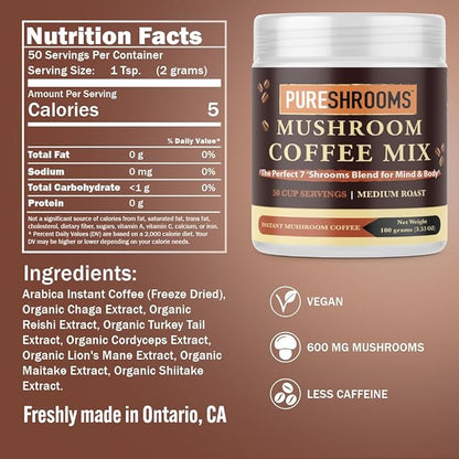Perfect 7 Mushroom Coffee - Ultra Concentrated Mushroom Extracts with Low Acidity Arabica Coffee -Turkey Tail, Lion's Mane, Cordyceps, Reishi, Shiitake, Maitake, Chaga (100 Grams/3.53oz)