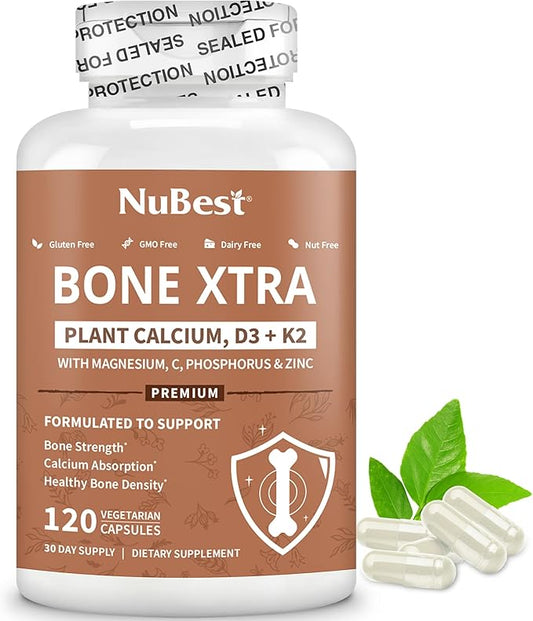Bone Xtra - Vegan Bone Strength Formula for Stronger Bones, Plant-Based Calcium from Marine Algae, Vitamins D3, Vitamin K2, Magnesium, Phosphorus & More for Teens, Adults - 120 Caps | 1 Month Supply