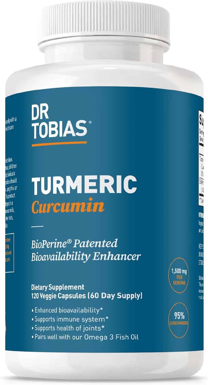 Dr. Tobias Turmeric Curcumin 1500mg with BioPerine – Extra Strength Supplement with 95% Curcuminoids for Joint Support, Overall Vitality & Immune Health, 120 Vegan Capsules, Non-GMO