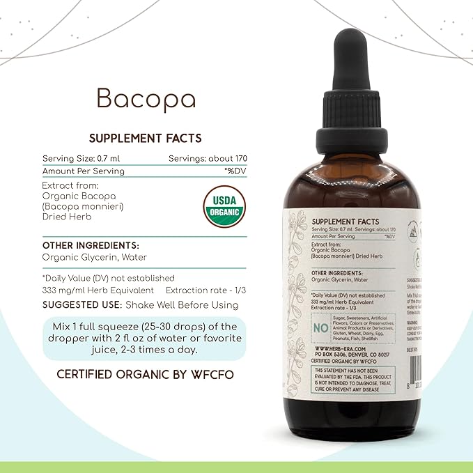 Bacopa B120 USDA Organic Tincture | Alcohol-Free Extract, High-Potency Herbal Drops, Relaxation, Positive Cognitive Effect | Certified Organic Bacopa (Bacopa Monnieri) Dried Herb 4 OZ