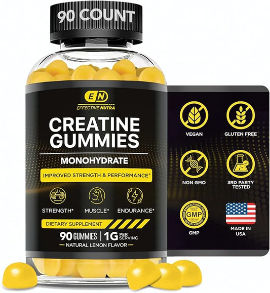 Creatine Monohydrate Gummies | 1g Per Gummy | Vegan Creatine Gummies Supplement for Men & Women | Strength, Muscle Growth, Energy, Endurance | Natural Lemon Flavor, Made in USA (90ct)