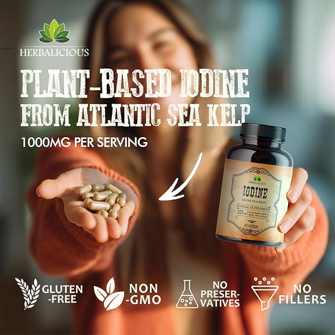 Natural Iodine Extract 100 Capsules - Sea Kelp - for Thyroid Function Support, Digestion, Helps Support Bone and Brain Health, Helps Support Energy Levels, Non GMO, Soy Free, Gluten Free