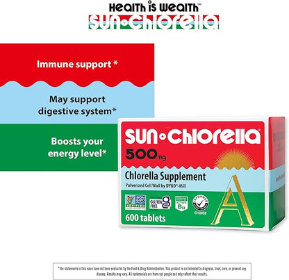 Sun Chlorella 500mg Whole Body Wellness Green Algae Superfood Supplement - Immune Defense, Gut Health, Natural Purification, Energy Boost - Chlorophyll, B12, Iron, Protein - Non-GMO - 600 Tablets