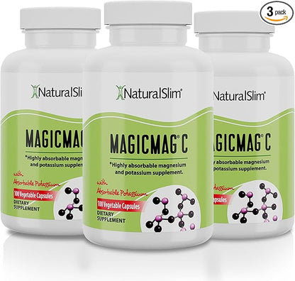 NaturalSlim Potassium Magnesium Supplement 100 Capsules – MagicMag C Magnesium Citrate Supplements for Sleep Support, Heart Health, and Muscle Cramp Relief | Gluten-Free 3 Pack