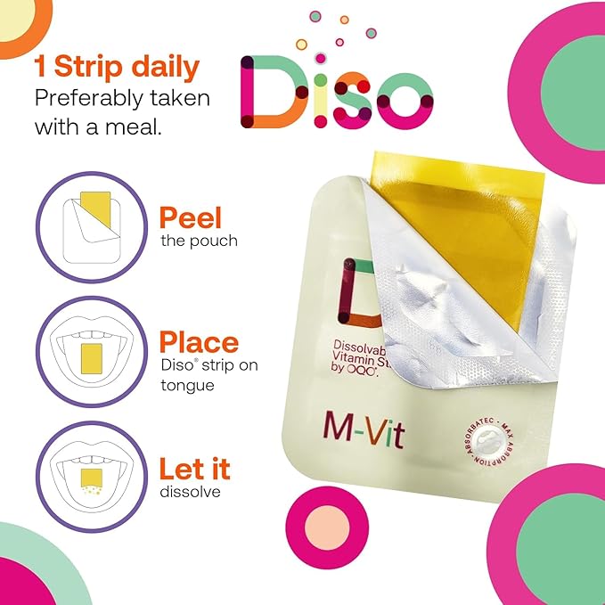 DISO - M-VIT - Multivitamin Dissolvable Oral Supplement Strips (melt in Your Mouth), Cranberry Flavor, Vegan, Sugar Free, High Absorption, Gluten Free, Individually Wrapped, 30 Count