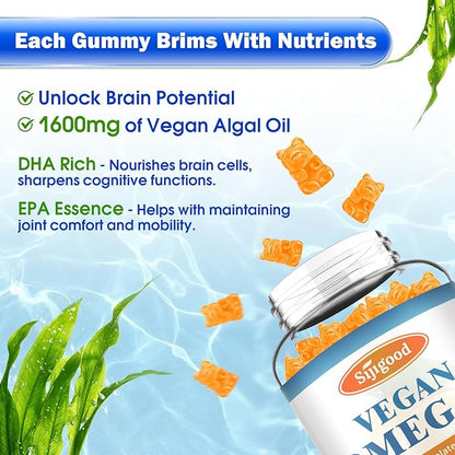 2 Pack Omega-3 Gummies Potent Algae Omega Source, Boost Brain, Eye & Immune Function, with DHA and EPA Vegan & Sugar Free, Orange Flavor, 120 Count