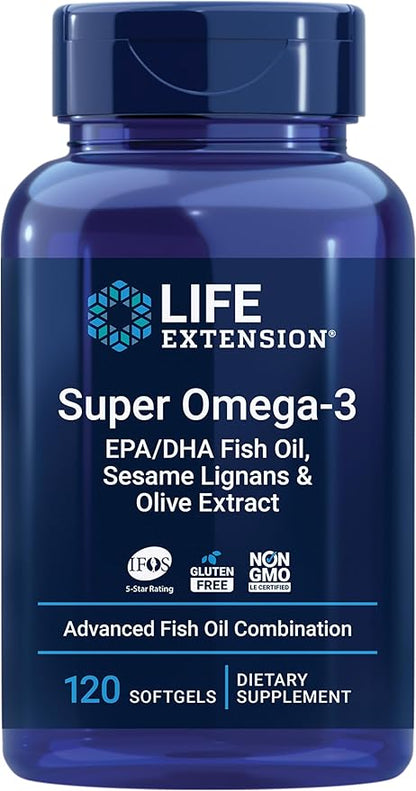 Super Omega-3 EPA/DHA Fish Oil, Sesame Lignans & Olive Extract - For Heart & Brain Health – For Inflammation & Cholesterol Management – Gluten-Free, Non-GMO – Lemon Flavor 120 Softgels