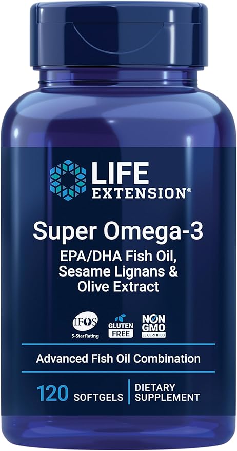 Super Omega-3 EPA/DHA Fish Oil, Sesame Lignans & Olive Extract - For Heart & Brain Health – For Inflammation & Cholesterol Management – Gluten-Free, Non-GMO – Lemon Flavor 120 Softgels