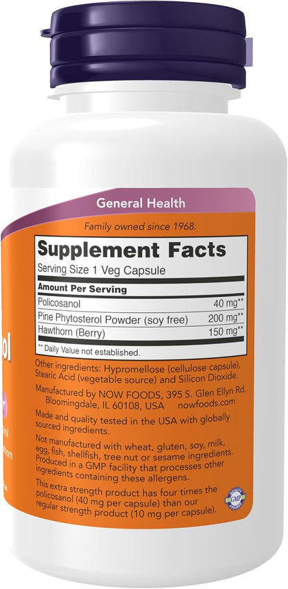 NOW Foods Supplements, Policosanol 40mg with Pine Plant Sterols and Hawthorn, Extra Strength, 90 Veg Capsules