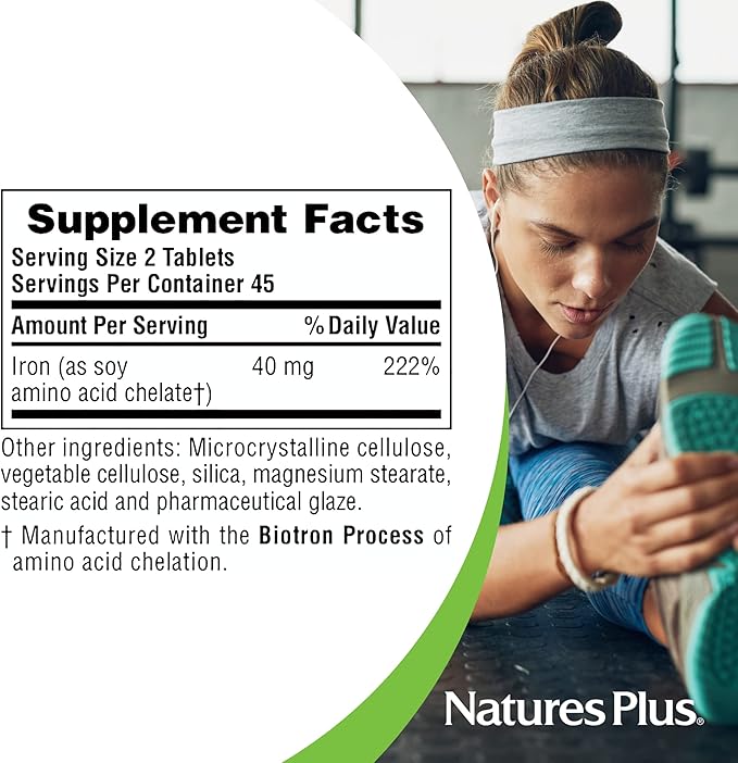 NaturesPlus Iron - 40 mg, 90 Tablets - Vegetarian, Gluten Free - 45 Servings