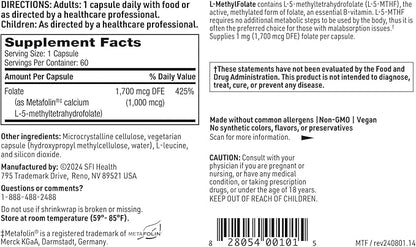 Klaire Labs L-Methylfolate - 1000 mcg Folate Highly Bioavailable, Hypoallergenic 1000 Micrograms (1 Milligram) Metafolin L-5-MTHF (60 Capsules)