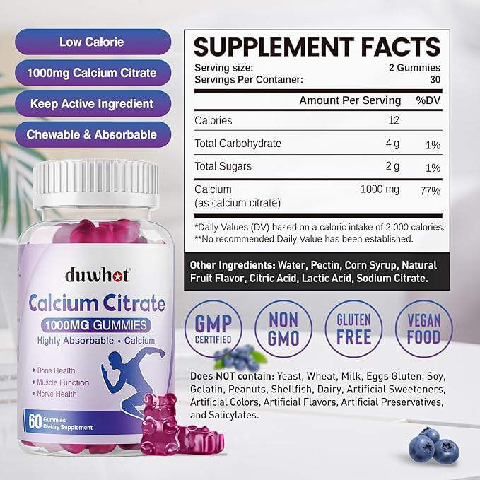 Calcium Citrate Gummies, Chewable Calcium Citrate 1000mg for Bone, Muscle & Immune Support, Ultimate Absorption Calcium Supplements for Women & Men, Blueberry,120 Chews