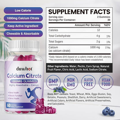 Calcium Citrate Gummies, Chewable Calcium Citrate 1000mg for Bone, Muscle & Immune Support, Ultimate Absorption Calcium Supplements for Women & Men, Blueberry,120 Chews