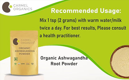 CARMEL ORGANICS Organic Ashwagandha Root Powder (8 Oz or 227g/0.5 Lbs) USDA Certified. Lab Tested, Non GMO & Gluten Free | Withania Somnifera from India