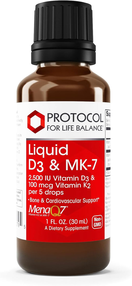 PROTOCOL FOR LIFE BALANCE - Liquid D3 and MK-7-2500IU Vitamin D3 and 100mcg Vitamin K2, Helps Support Bone and Cardiovascular Health - 1 Fl oz