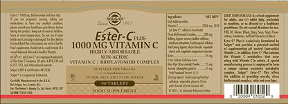Solgar Ester-C Plus 1000 mg Vitamin C (Ascorbate Complex), 90 Tablets - Gentle On The Stomach & Non Acidic - Antioxidant & Immune System Support - Non GMO, Vegan, Gluten-Free, Kosher - 90 Servings