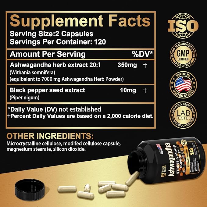 Organic Ashwagandha Capsules Supplement - 7000mg Herb Powder Equivalent per Serving - Immune Support, Hormone Balance - Enhanced Nutrient Absorption - 240 Capsules (120 Servings)