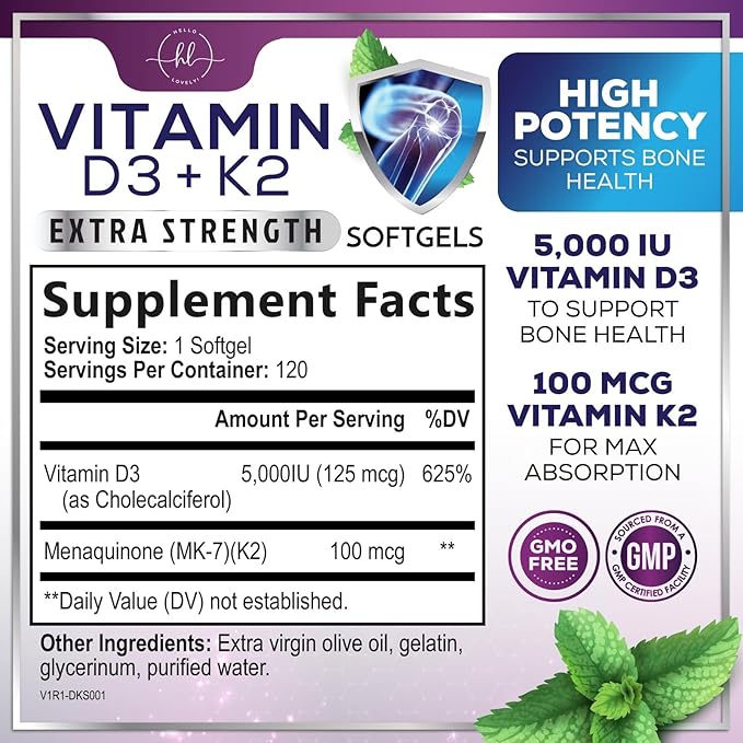 Vitamin D3 5000 IU with K2 100 mcg - D3 K2 Supplement, 2 in 1 Vitamins D & K2 Complex Softgels for Calcium Absorption, Bone, Teeth, Heart & Immune Support, Easy to Swallow, Non GMO - 120 Softgels