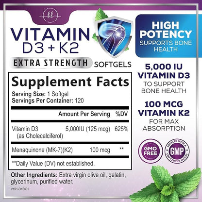 Vitamin D3 5000 IU with K2 100 mcg - D3 K2 Supplement, 2 in 1 Vitamins D & K2 Complex Softgels for Calcium Absorption, Bone, Teeth, Heart & Immune Support, Easy to Swallow, Non GMO - 120 Softgels