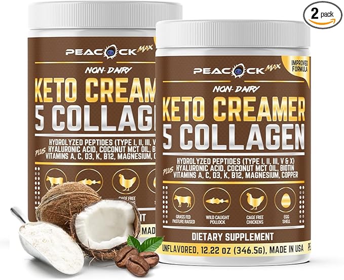 Peacock Max Collagen Keto Creamer Powder, Coconut MCT, Peptides, Unflavored, Hydrolyzed, B12, Magnesium (24.44 Ounces (Pack of 2))