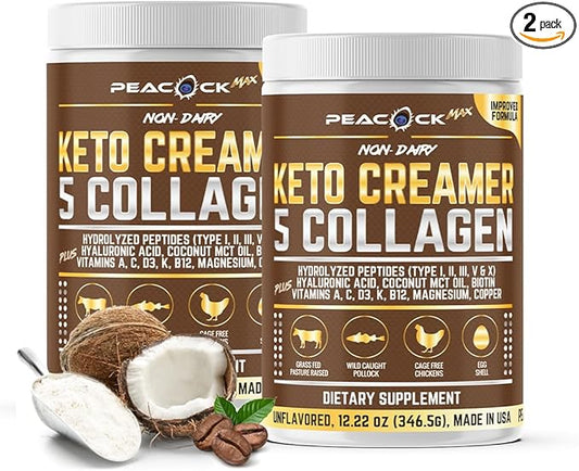 Peacock Max Collagen Keto Creamer Powder, Coconut MCT, Peptides, Unflavored, Hydrolyzed, B12, Magnesium (24.44 Ounces (Pack of 2))